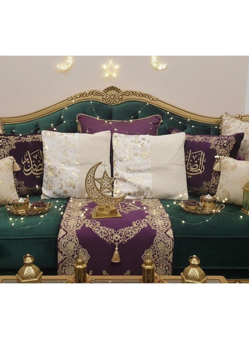 Ramadan pillowcase, off-white, white, and gold color scheme with Ramadan-themed designs. Includes two pillow covers (inserts not included). Material: velvet. 40*40 cm